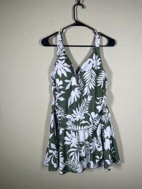 Aidonger Floral Swim Dress Olive Green White V-Neck One Piece Swimsuit 2XL!
